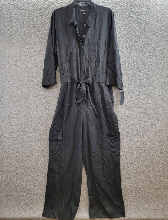 French Connection Elkie Button-Down Cargo Jumpsuit Women's L Black Collared