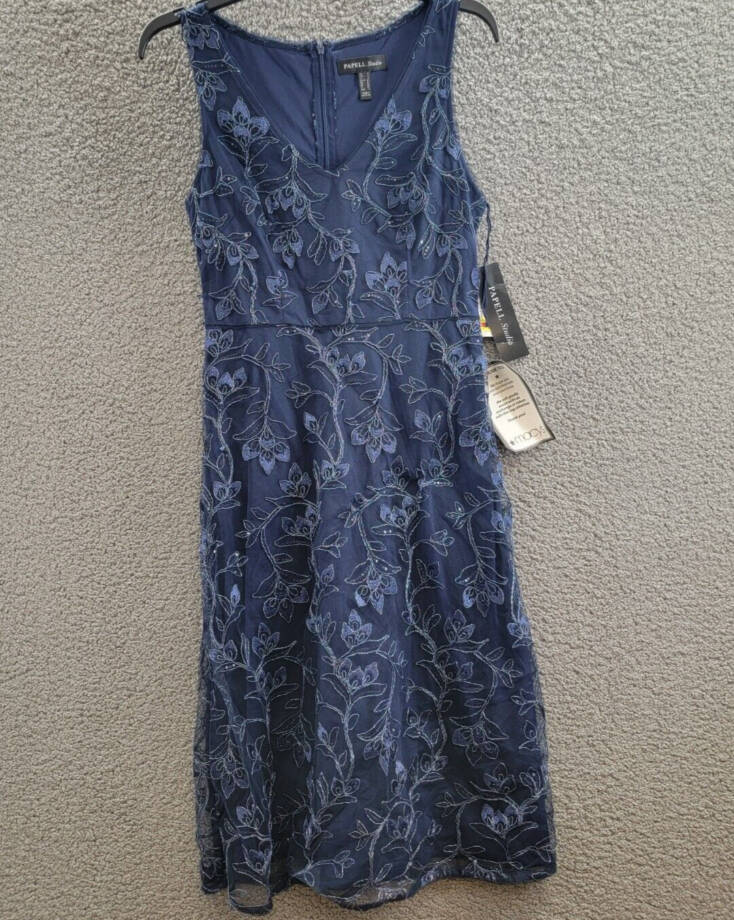 Papell Studio Floral Sequin Embroidered Midi Dress Women's 4 Light Navy Back Zip