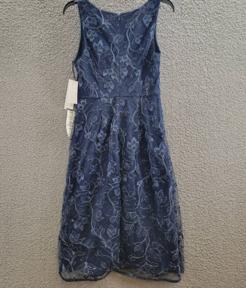 Papell Studio Floral Sequin Embroidered Midi Dress Women's 4 Light Navy Back Zip