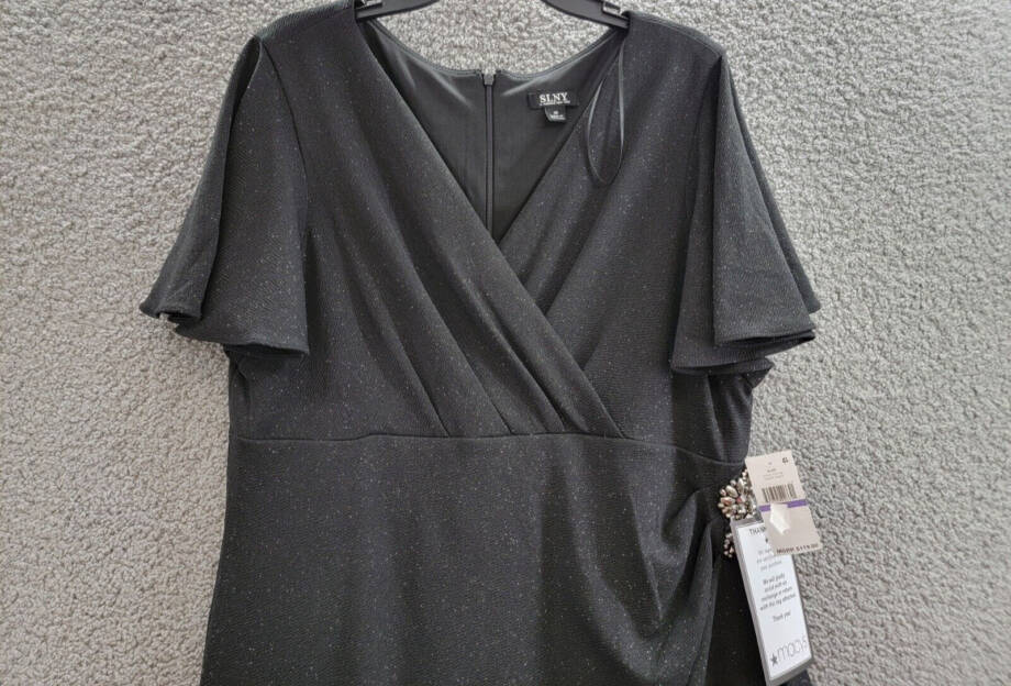 SL Fashions Flutter-Sleeve Embellished Dress Women's 18 Black V-Neck Back Zip