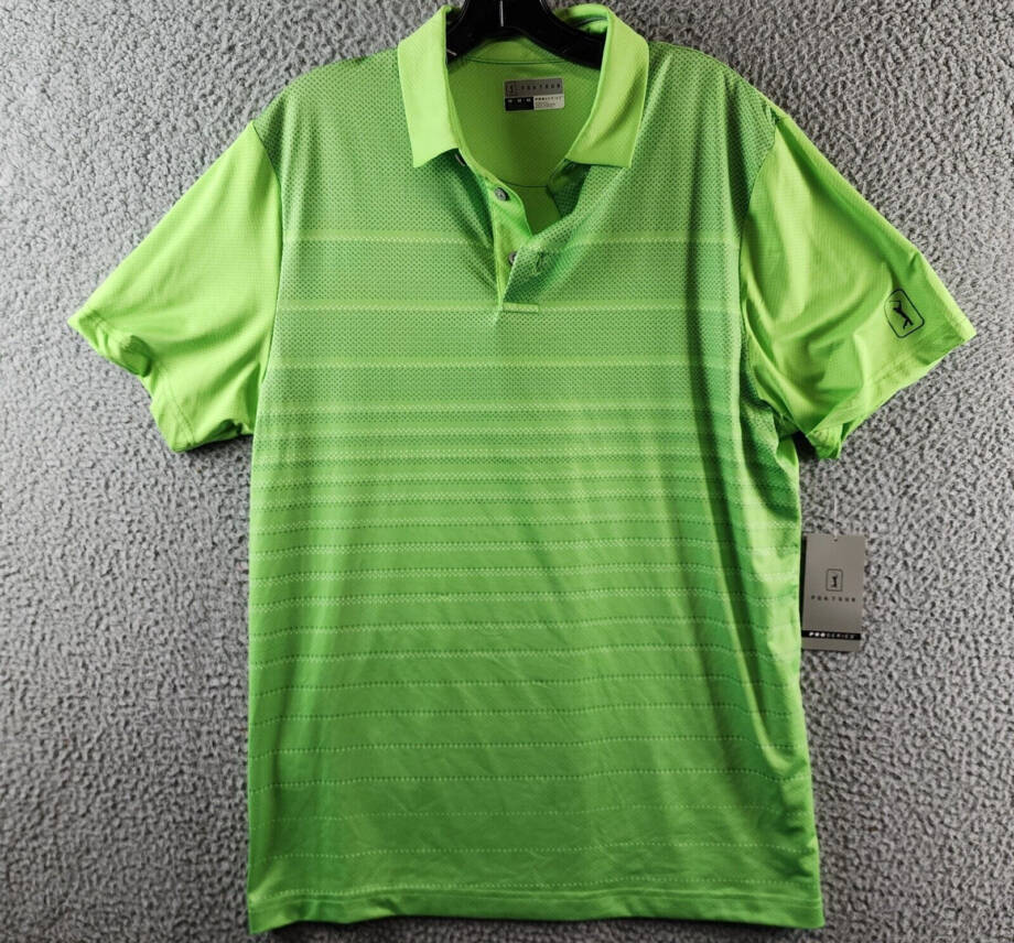 PGA TOUR Performance Polo Shirt Men's M Green Flash Striped Collared Pullover
