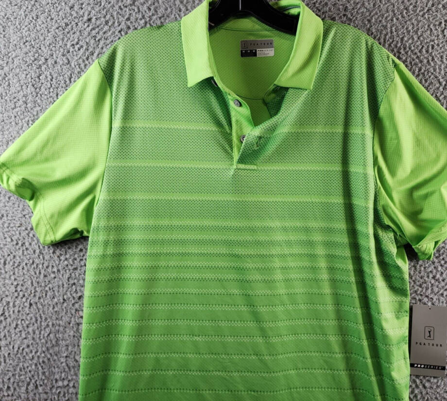 PGA TOUR Performance Polo Shirt Men's M Green Flash Striped Collared Pullover