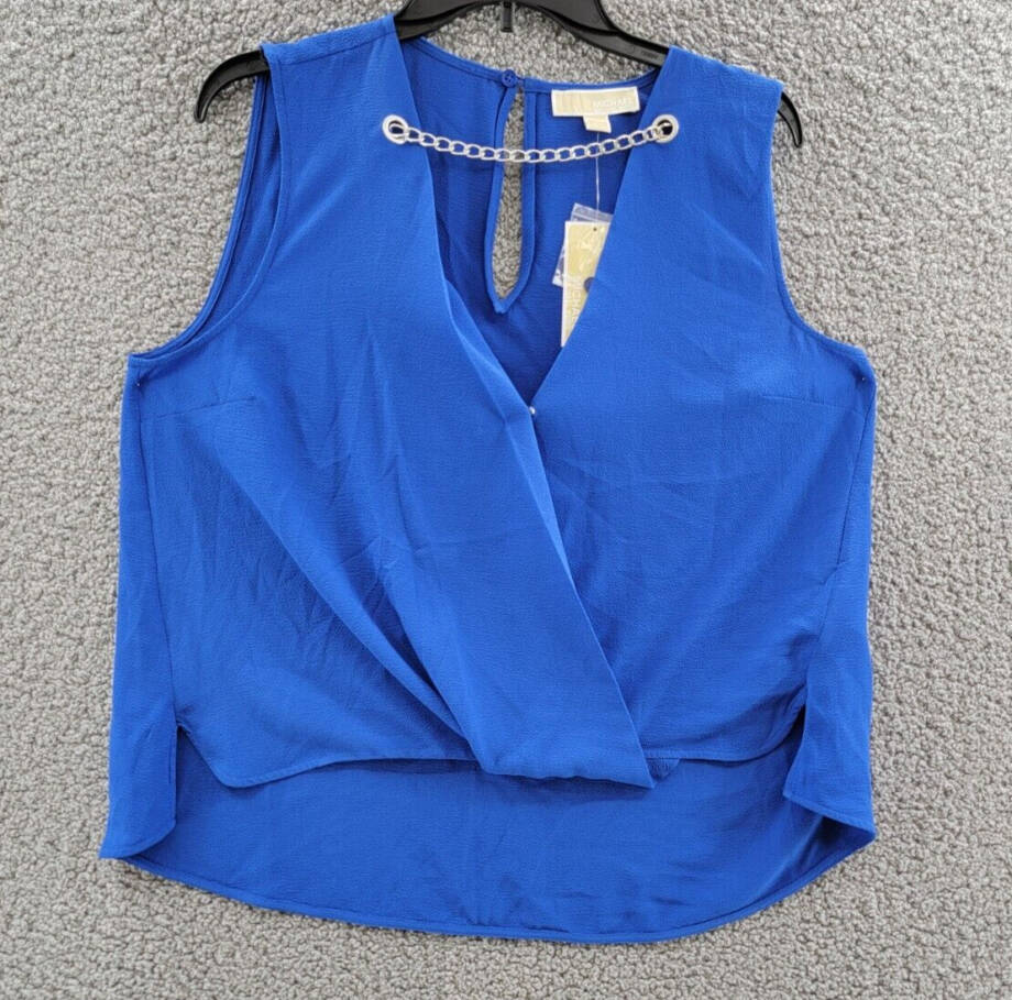 Michael Michael Kors Crepe Chain Faux-Wrap Top Womens L Royal Blue Surplice Neck
