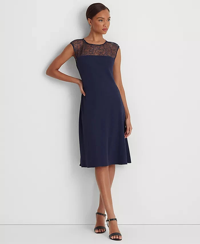 Lauren Ralph Lauren Beaded Georgette Cocktail Dress Women's 10 Navy Button Back