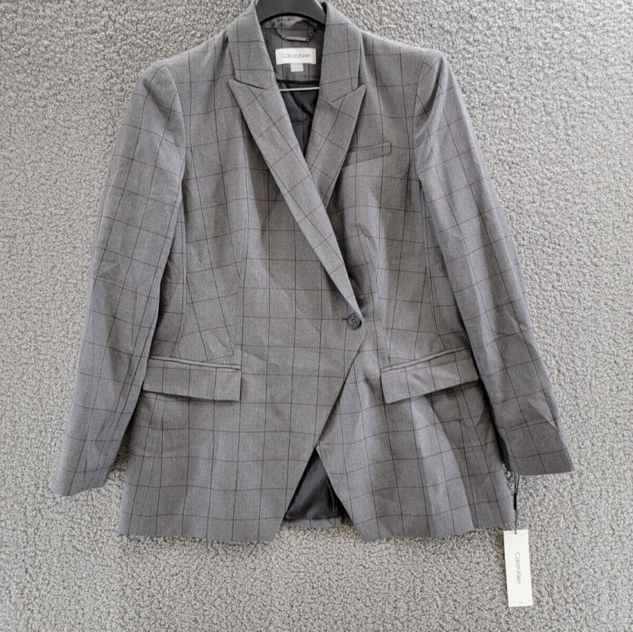 Calvin Klein One Button Windowpane Jacket Women's 12 Charcoal Long Sleeve Lined