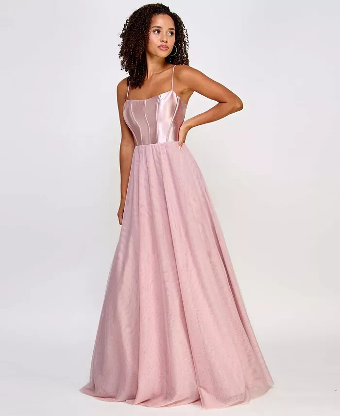 City Studio Metallic Corset-Bodice Lace-Back Gown Juniors 7/8 French Rose Zip Up