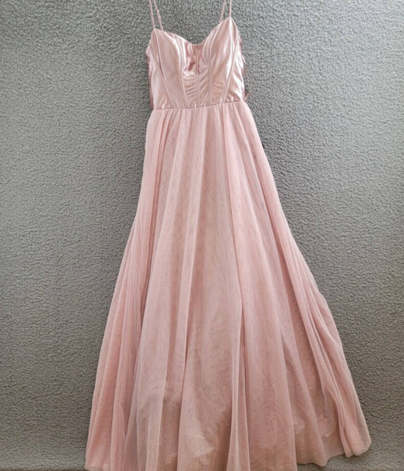 City Studio Metallic Corset-Bodice Lace-Back Gown Juniors 7/8 French Rose Zip Up