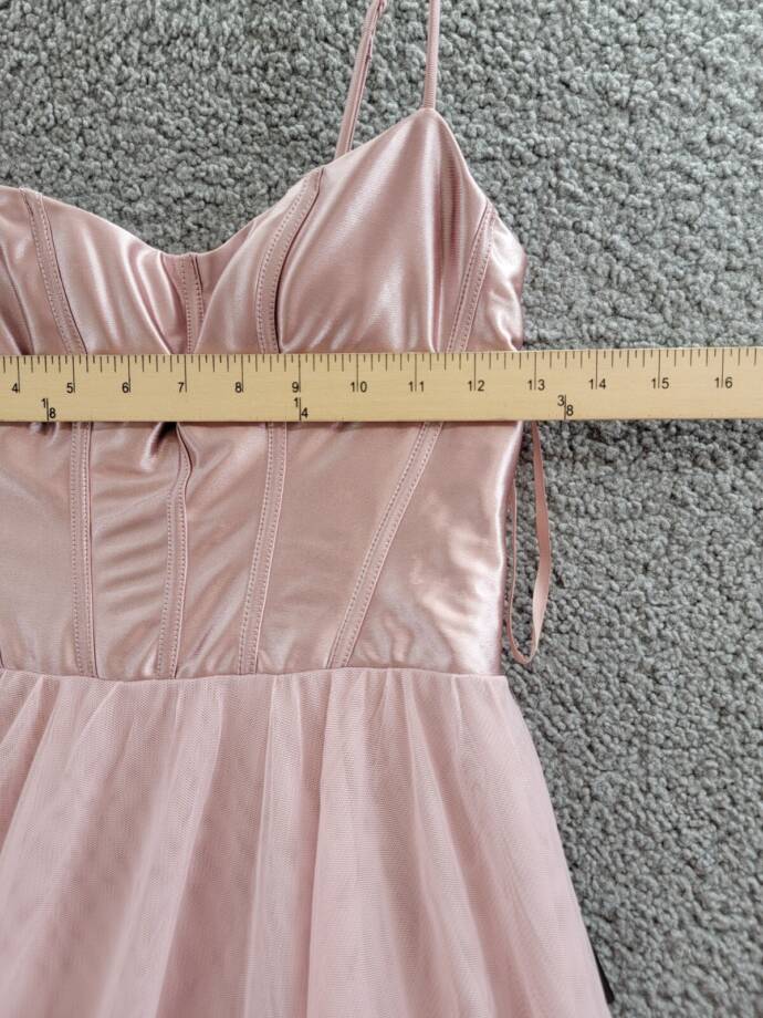 City Studio Metallic Corset-Bodice Lace-Back Gown Juniors 7/8 French Rose Zip Up