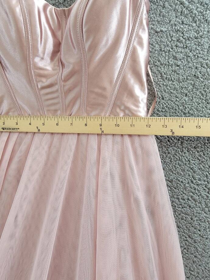 City Studio Metallic Corset-Bodice Lace-Back Gown Juniors 7/8 French Rose Zip Up