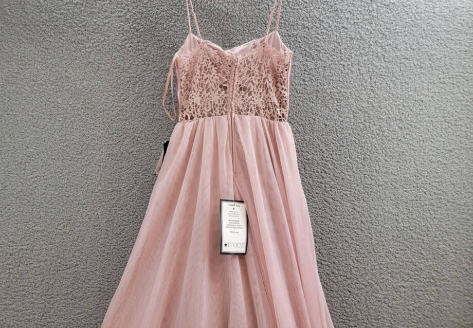 City Studio Metallic Corset-Bodice Lace-Back Gown Juniors 7/8 French Rose Zip Up