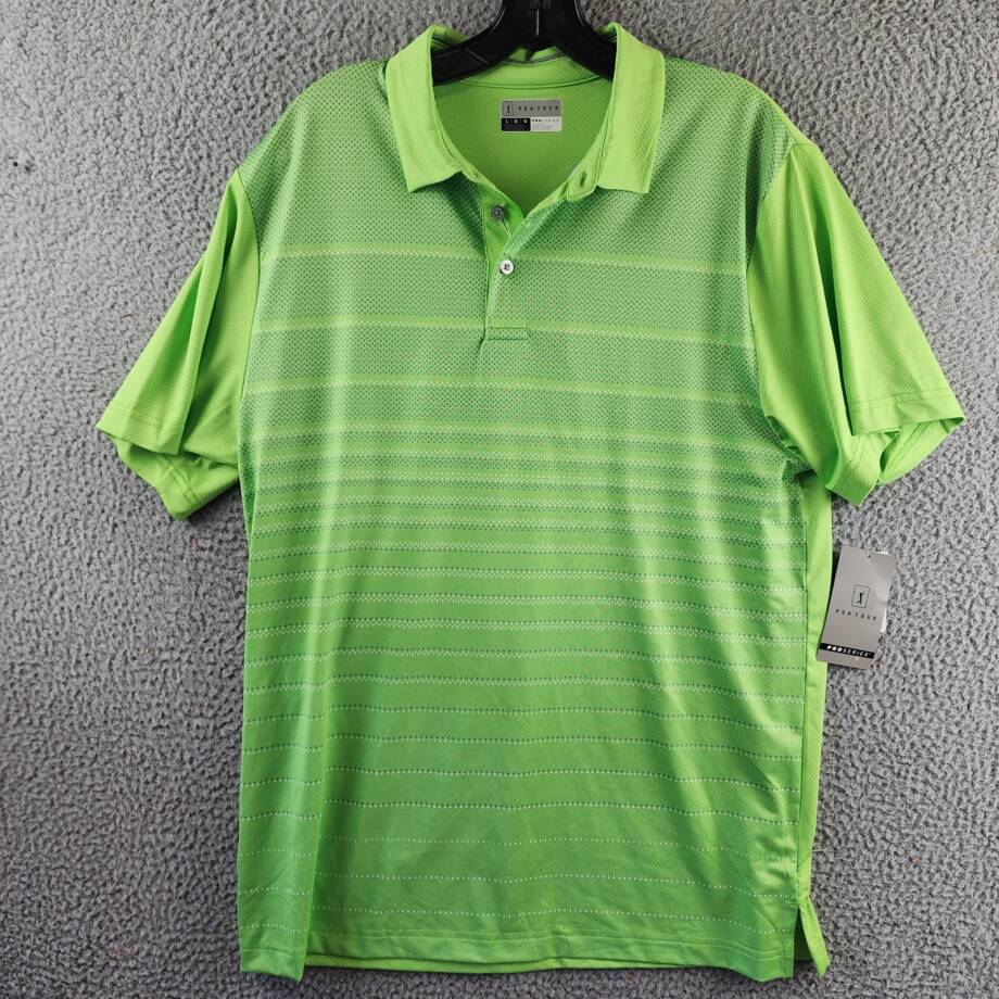 PGA TOUR Short Sleeve Performance Polo Shirt Men's L Green Flash Front Button