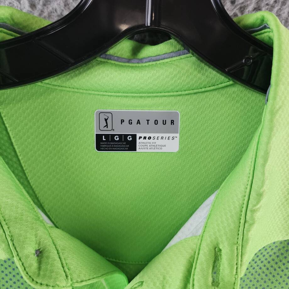 PGA TOUR Short Sleeve Performance Polo Shirt Men's L Green Flash Front Button