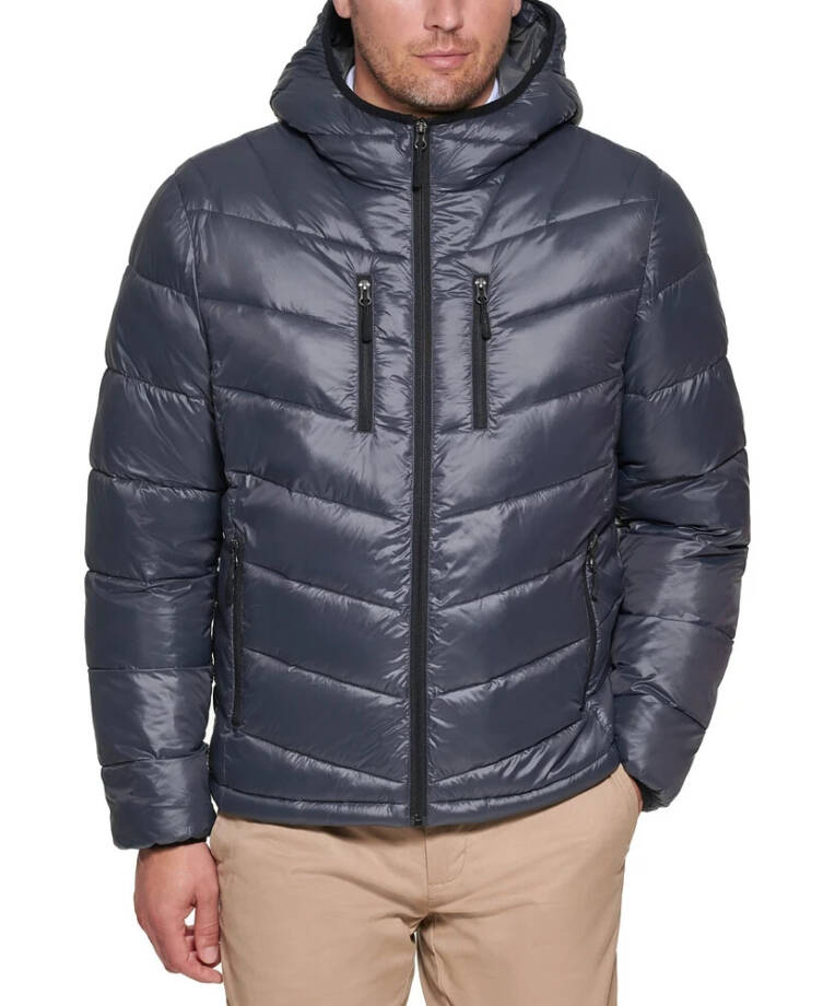 Club Room Chevron Quilted Hooded Puffer Jacket Men's M Charcoal Full Zip L/S
