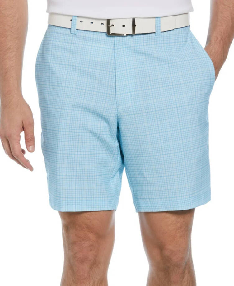 PGA TOUR Regular fit Golf Shorts Men's 44 Aqua Blue Check Side Pocket Button Zip