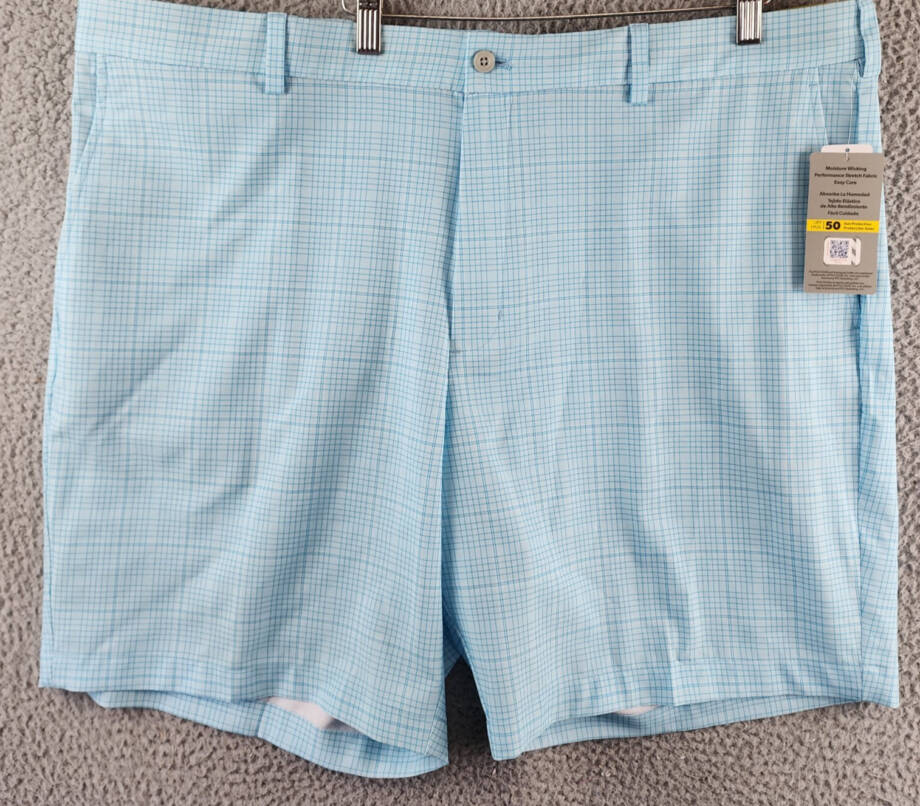PGA TOUR Regular fit Golf Shorts Men's 44 Aqua Blue Check Side Pocket Button Zip