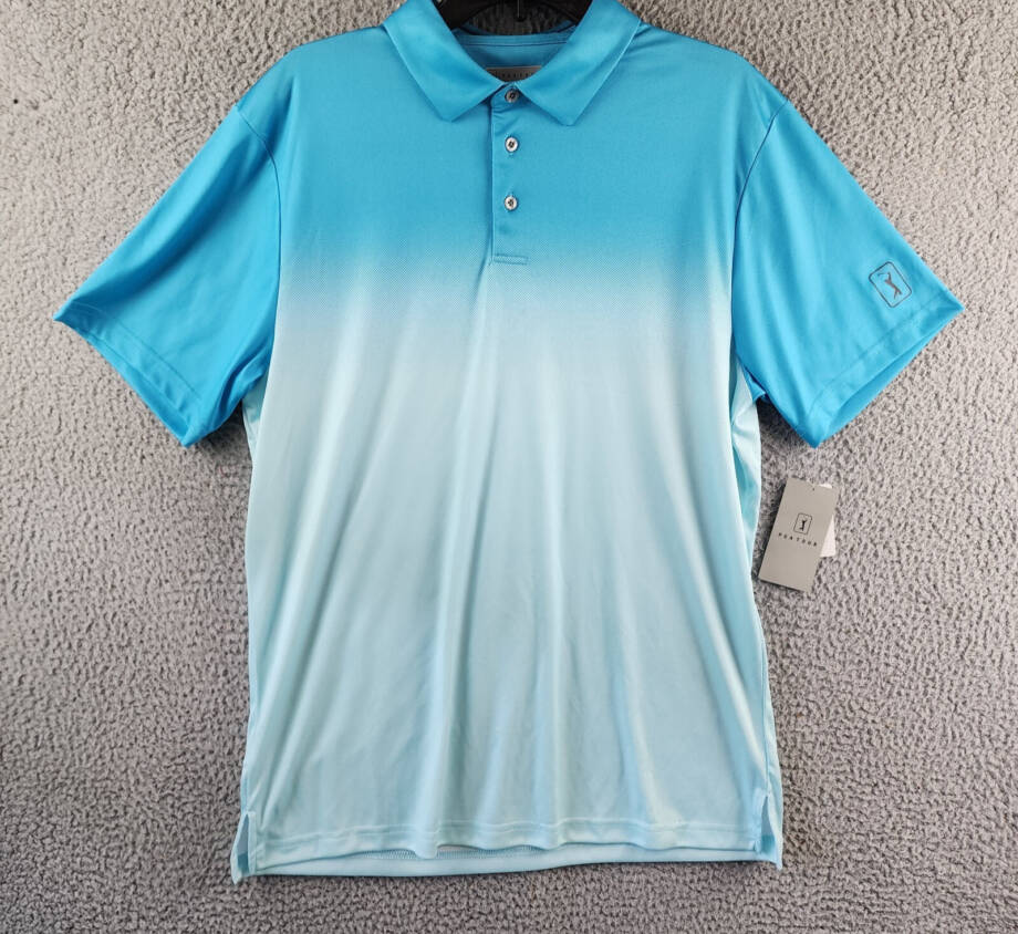 PGA TOUR Ombré Short Sleeve Performance Polo Shirt Men's L Cyan Blue Pullover