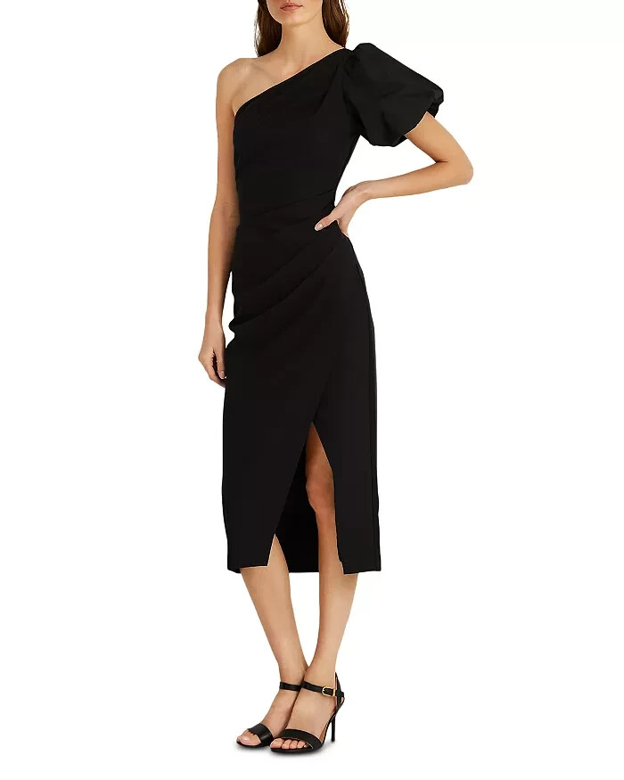 Lauren Ralph Lauren Crepe One Sleeve Cocktail Dress Women's 6 Black Side Zip