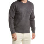Elie Tahari Cable Crewneck Sweater Men's L Grey Ribbed Trim Long Sleeve Pullover
