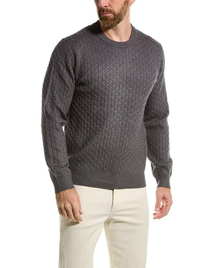 Elie Tahari Cable Crewneck Sweater Men's L Grey Ribbed Trim Long Sleeve Pullover