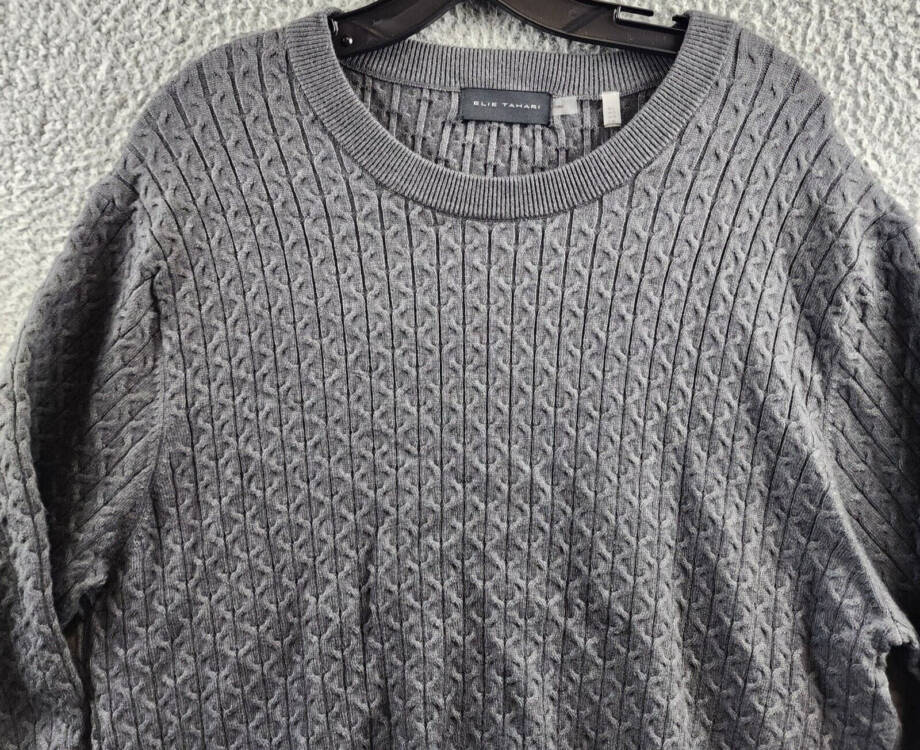 Elie Tahari Cable Crewneck Sweater Men's L Grey Ribbed Trim Long Sleeve Pullover
