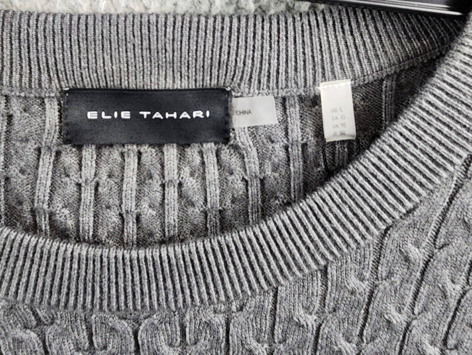 Elie Tahari Cable Crewneck Sweater Men's L Grey Ribbed Trim Long Sleeve Pullover
