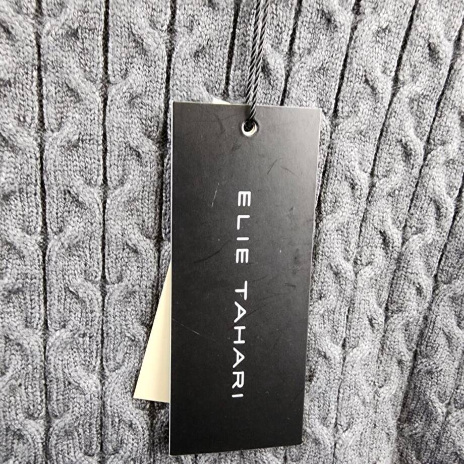 Elie Tahari Cable Crewneck Sweater Men's L Grey Ribbed Trim Long Sleeve Pullover