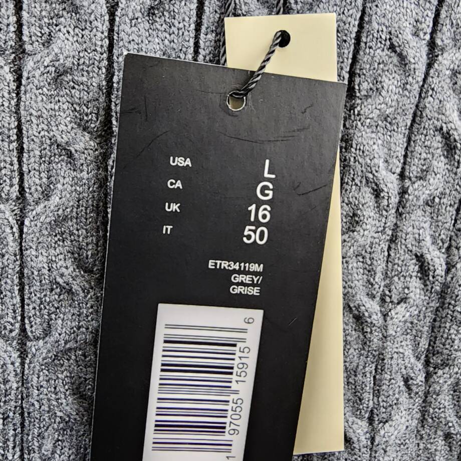 Elie Tahari Cable Crewneck Sweater Men's L Grey Ribbed Trim Long Sleeve Pullover
