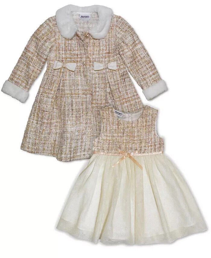 Blueberi Boulevard Tweed Boucle Coat & Glitter Tulle Dress Set Girls 4T Cream