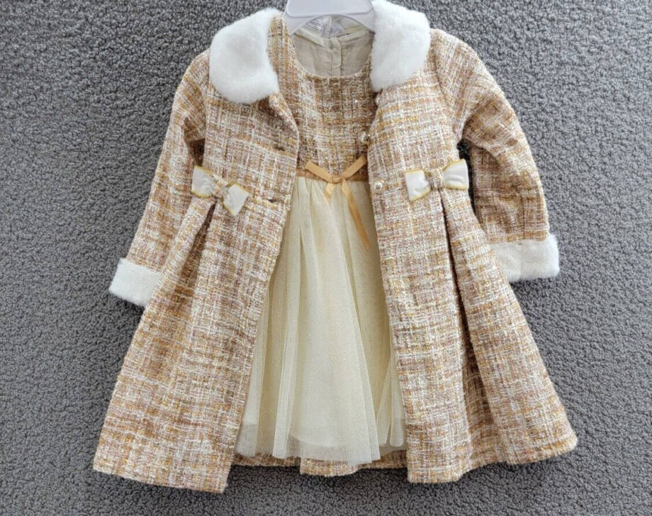 Blueberi Boulevard Tweed Boucle Coat & Glitter Tulle Dress Set Girls 4T Cream