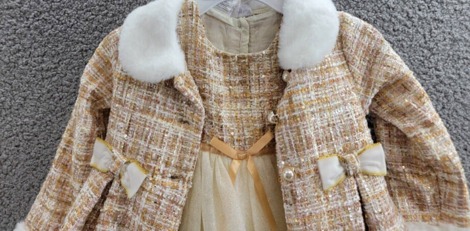 Blueberi Boulevard Tweed Boucle Coat & Glitter Tulle Dress Set Girls 4T Cream