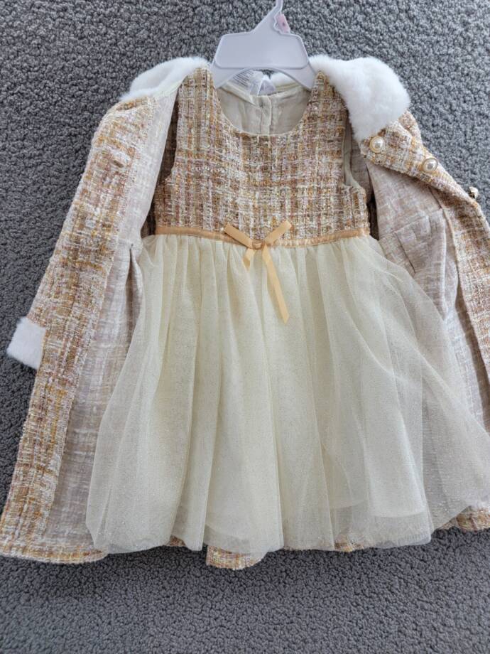 Blueberi Boulevard Tweed Boucle Coat & Glitter Tulle Dress Set Girls 4T Cream
