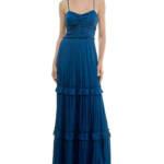 Crystal Doll Crushed Satin Ruched Ruffled Maxi Dress Juniors' XL Denim Back Zip