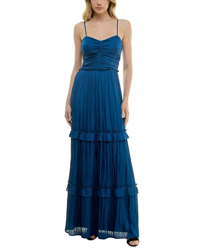 Crystal Doll Crushed Satin Ruched Ruffled Maxi Dress Juniors' XL Denim Back Zip