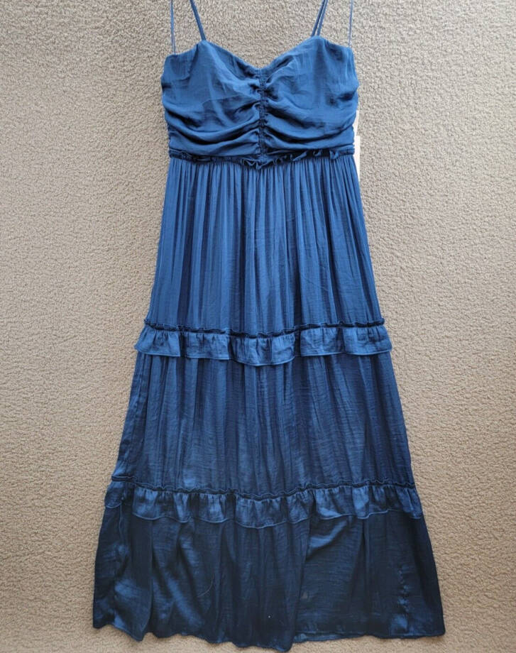Crystal Doll Crushed Satin Ruched Ruffled Maxi Dress Juniors' XL Denim Back Zip