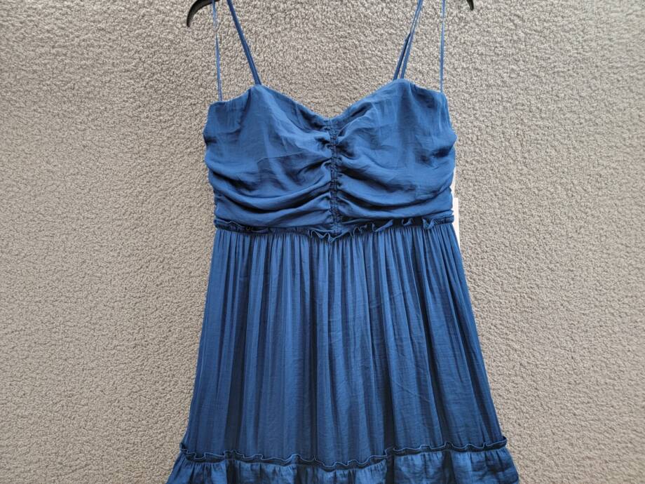 Crystal Doll Crushed Satin Ruched Ruffled Maxi Dress Juniors' XL Denim Back Zip