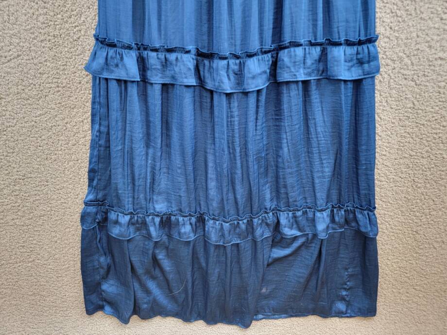 Crystal Doll Crushed Satin Ruched Ruffled Maxi Dress Juniors' XL Denim Back Zip