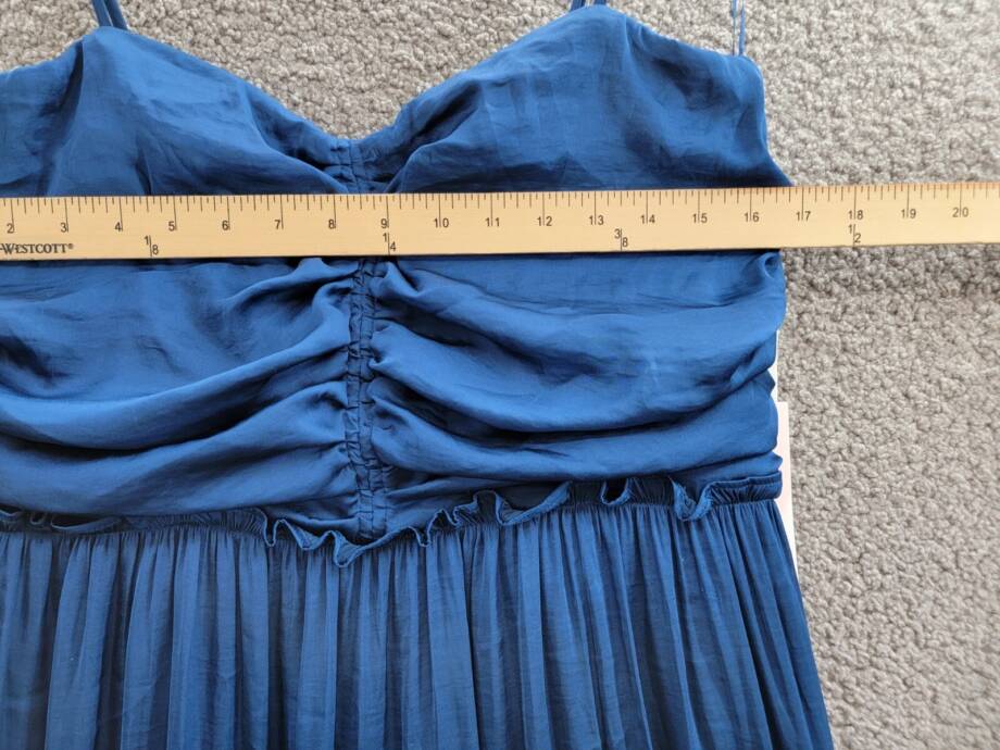 Crystal Doll Crushed Satin Ruched Ruffled Maxi Dress Juniors' XL Denim Back Zip
