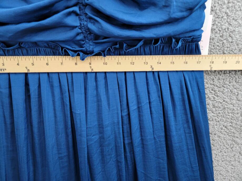 Crystal Doll Crushed Satin Ruched Ruffled Maxi Dress Juniors' XL Denim Back Zip