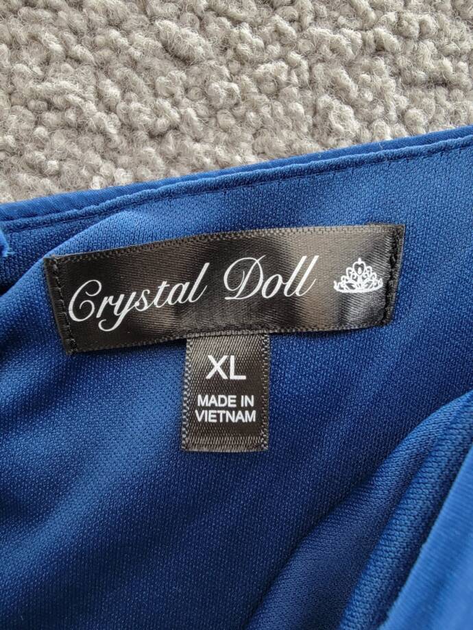 Crystal Doll Crushed Satin Ruched Ruffled Maxi Dress Juniors' XL Denim Back Zip