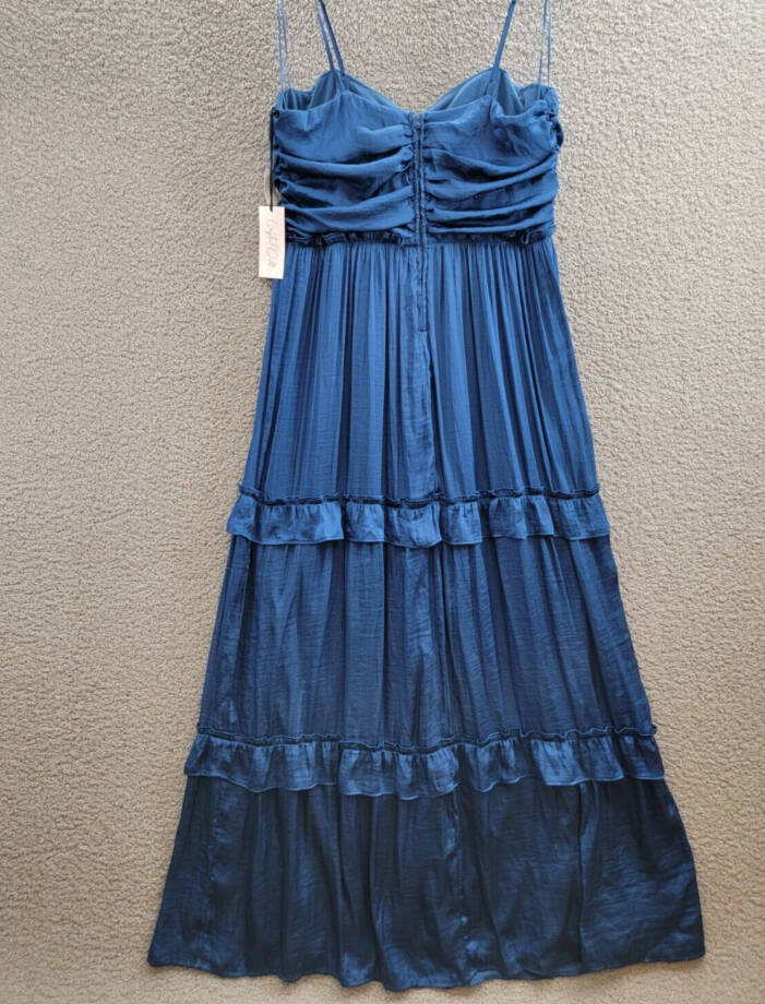Crystal Doll Crushed Satin Ruched Ruffled Maxi Dress Juniors' XL Denim Back Zip
