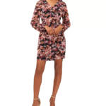 MSK Long-Sleeve Tie-Back Dress Women's L Multi Floral V-Neck Back Zip Closure