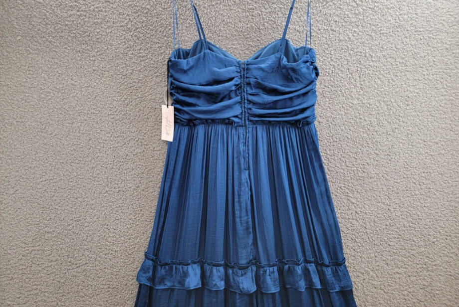 Crystal Doll Crushed Satin Ruched Ruffled Maxi Dress Juniors' XL Denim Back Zip