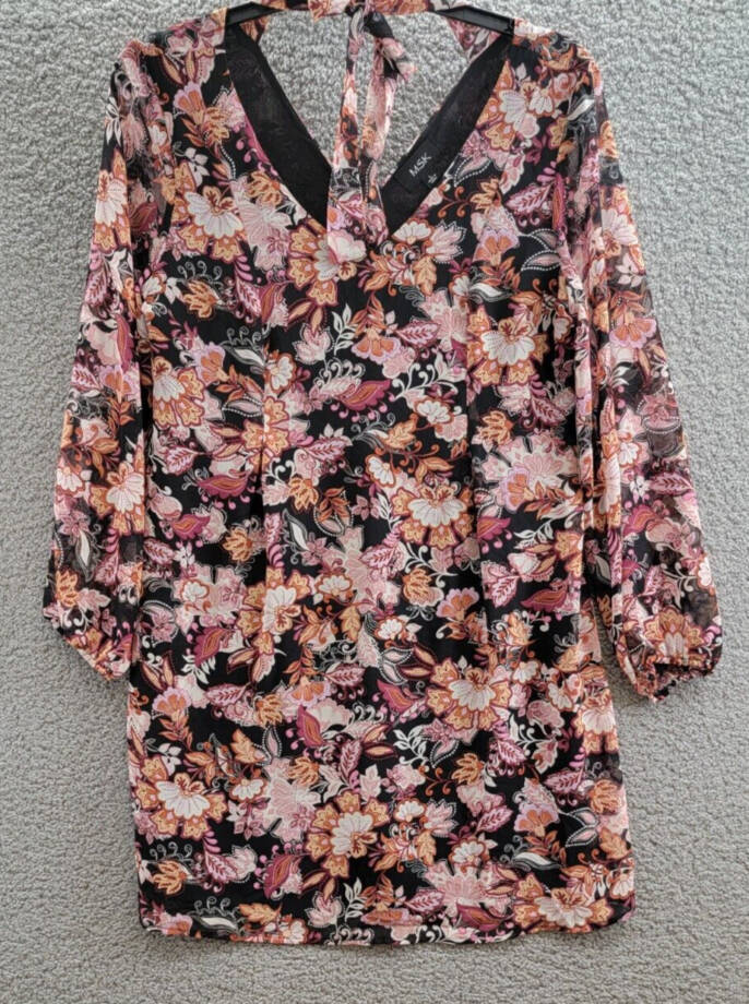 MSK Long-Sleeve Tie-Back Dress Women's L Multi Floral V-Neck Back Zip Closure