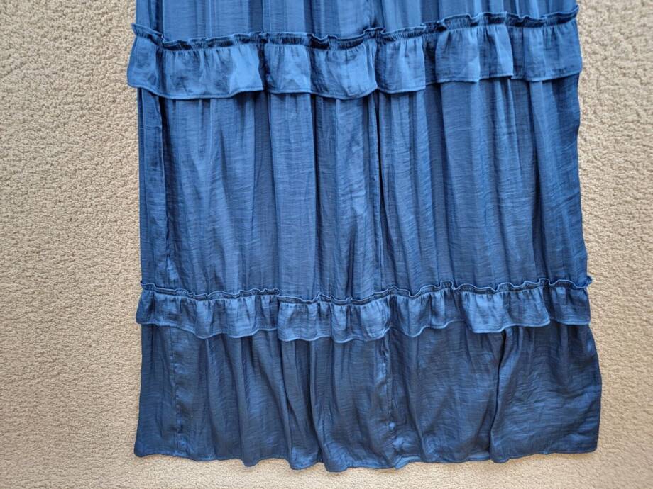 Crystal Doll Crushed Satin Ruched Ruffled Maxi Dress Juniors' XL Denim Back Zip