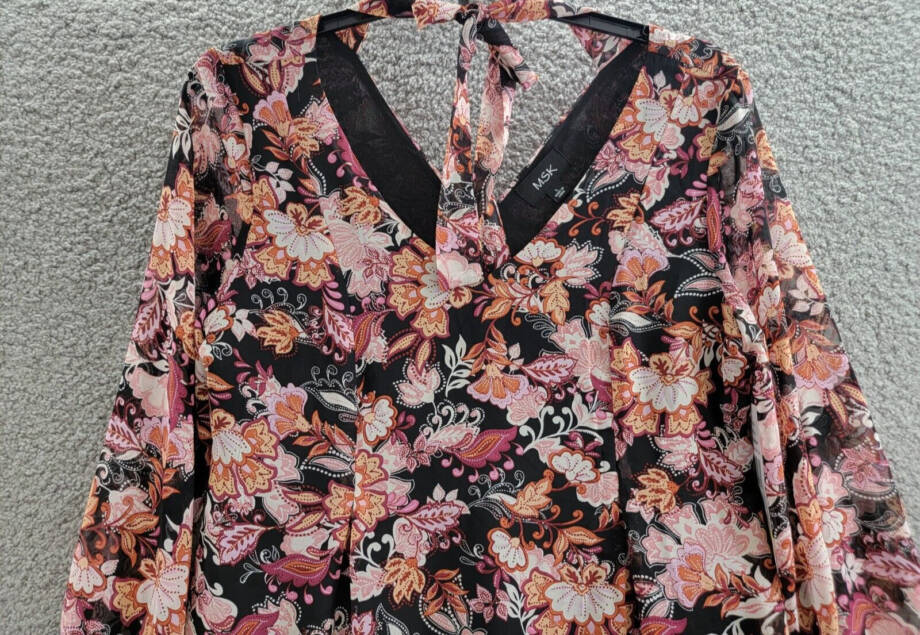 MSK Long-Sleeve Tie-Back Dress Women's L Multi Floral V-Neck Back Zip Closure