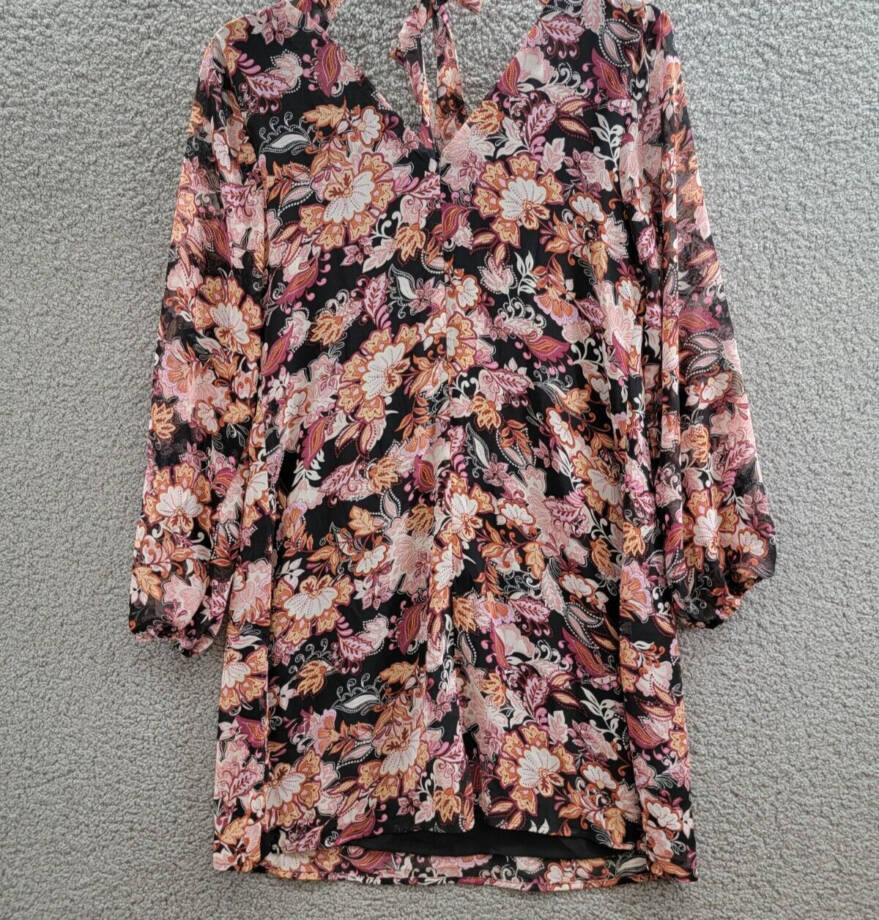 MSK Long-Sleeve Tie-Back Dress Women's L Multi Floral V-Neck Back Zip Closure