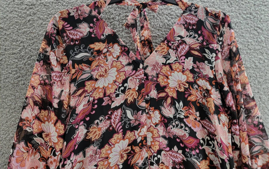 MSK Long-Sleeve Tie-Back Dress Women's L Multi Floral V-Neck Back Zip Closure
