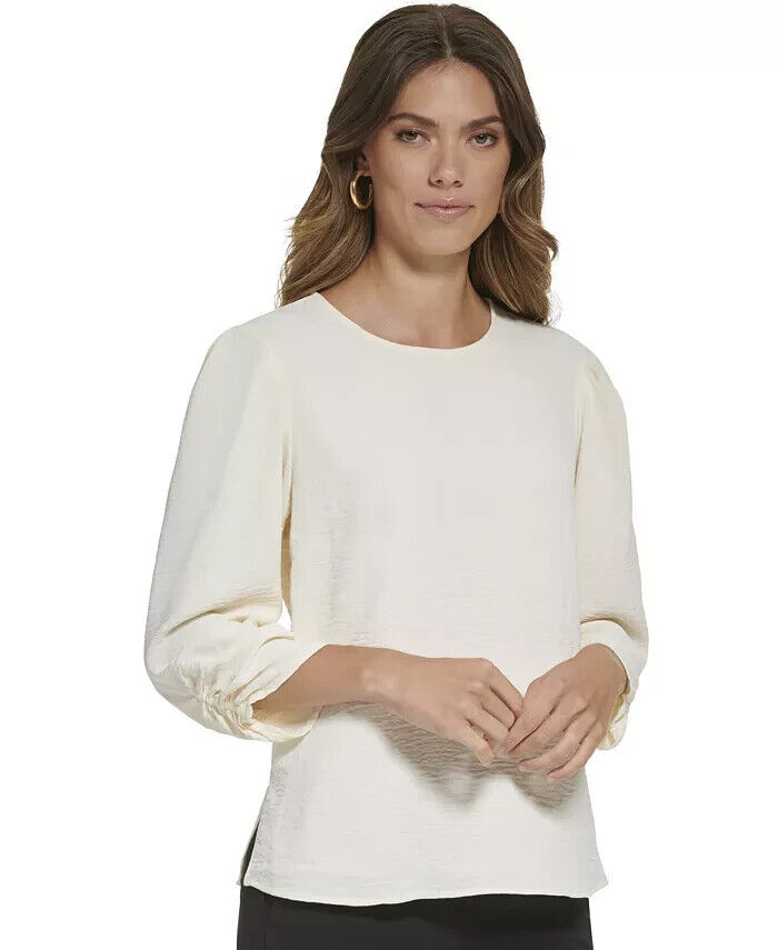 DKNY 3/4-Sleeve Hammered Satin Top Womens S Buttercream Crewneck Keyhole Closure