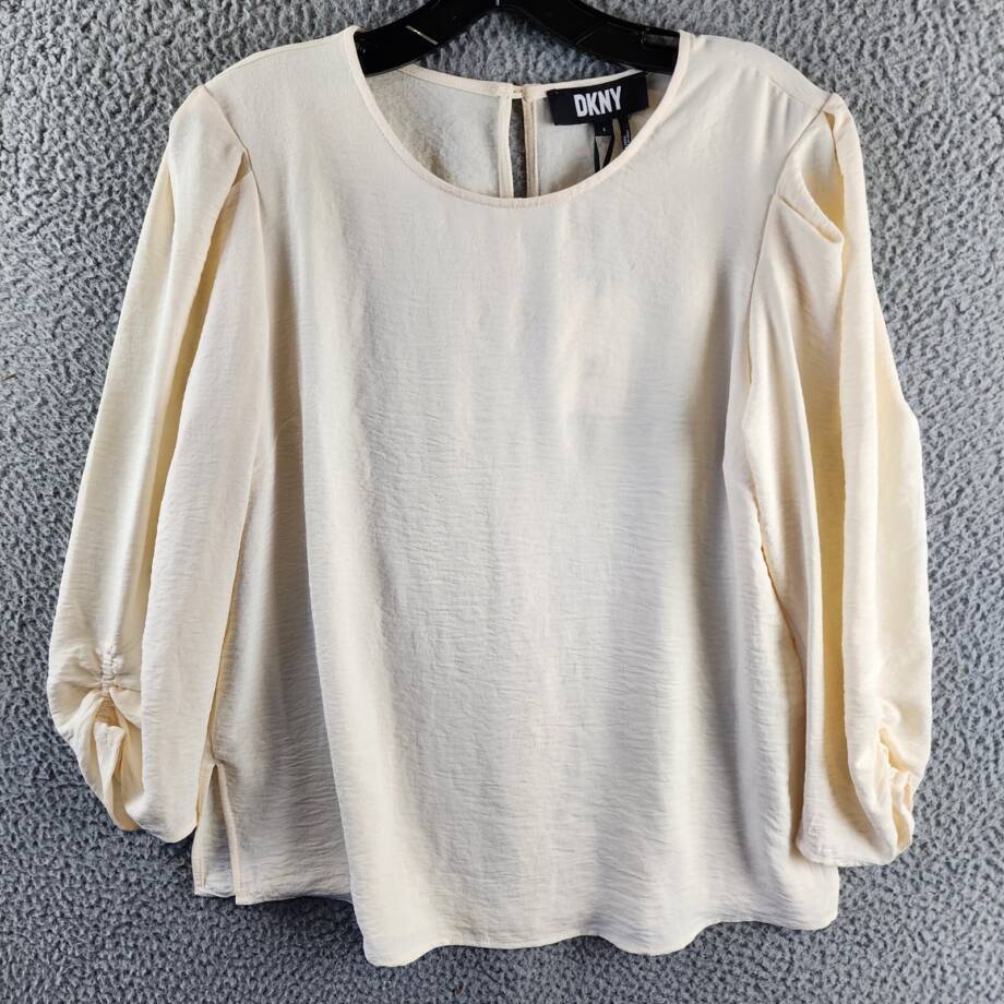 DKNY 3/4-Sleeve Hammered Satin Top Womens S Buttercream Crewneck Keyhole Closure