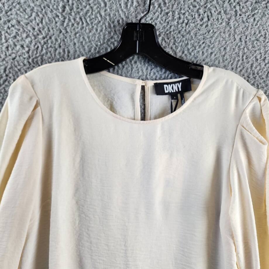 DKNY 3/4-Sleeve Hammered Satin Top Womens S Buttercream Crewneck Keyhole Closure